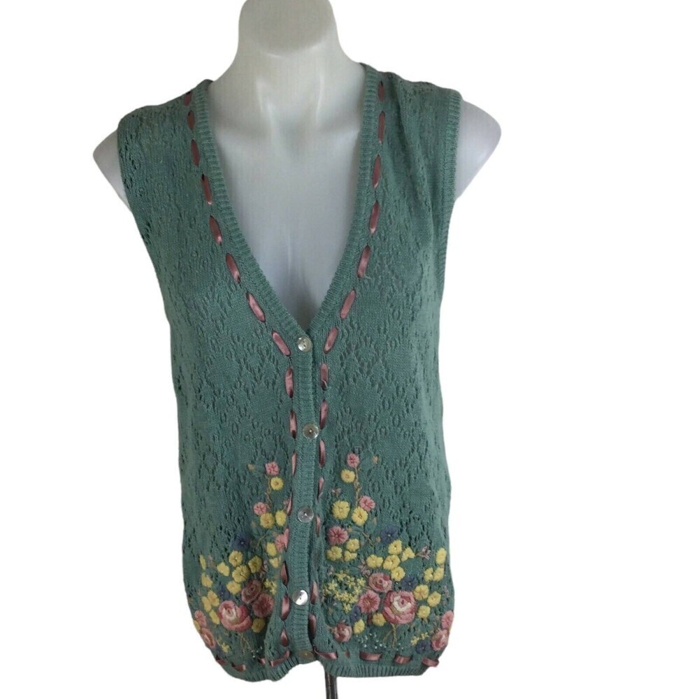 Jantzen Vintage Button Crochet Knit Floral Embroidered Cardigan Blue Green Sz M